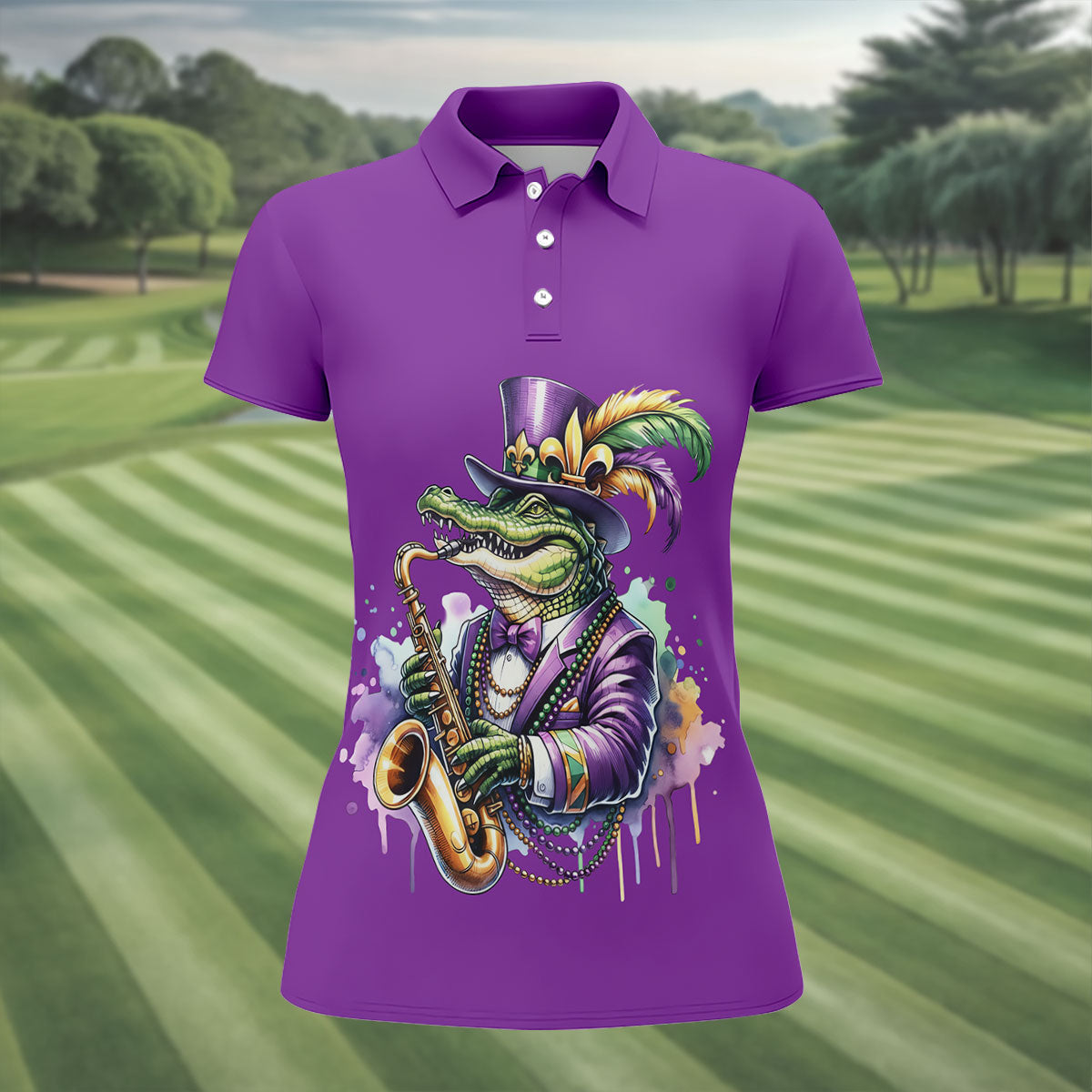 Mardi Gras Alligator Playing Saxophone Purple Golf Shirt, Women's Golf Tops, Ladies Golf Shirt