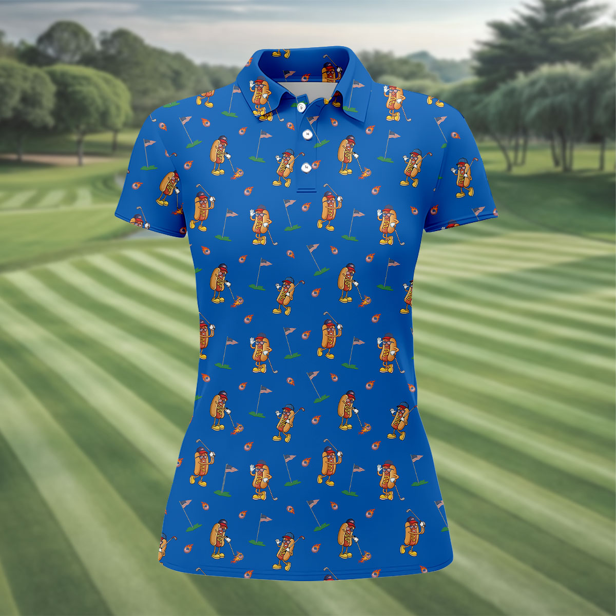 Cartoon Hot Dogs American Flag Pattern 250th Anniversary Blue Golf Shirt, Women's Golf Tops, Ladies Golf Shirt