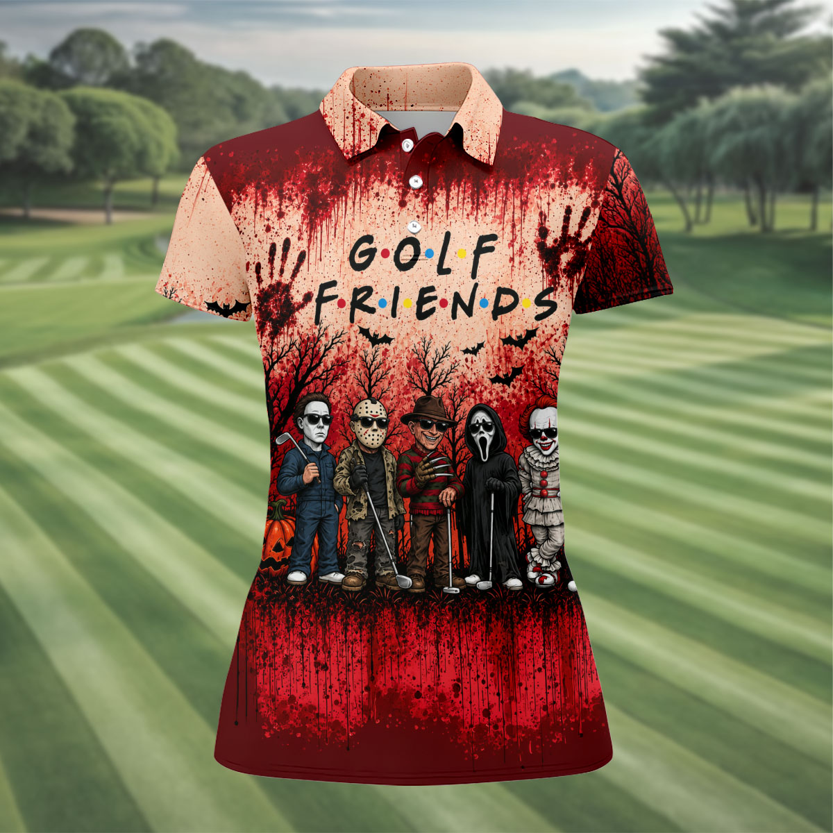 Golf Friends Halloween Horror Character Group Polo Shirt, Women's Golf Polo, Golf Apparel