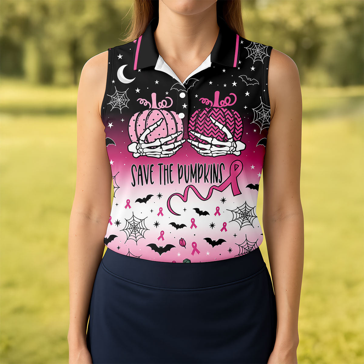 Save The Pumpkins Halloween Breast Cancer Polo Shirt, Womens Golf Tops, Women’s Golf Polo