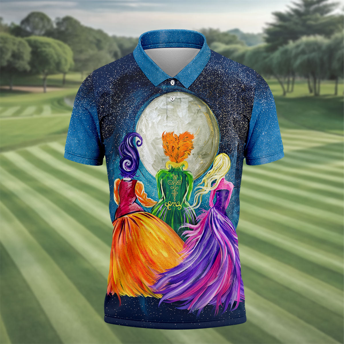Moonlit Witch Sisters Halloween Polo Shirt, Golf Polo Shirts For Men, Mens Golf Apparel