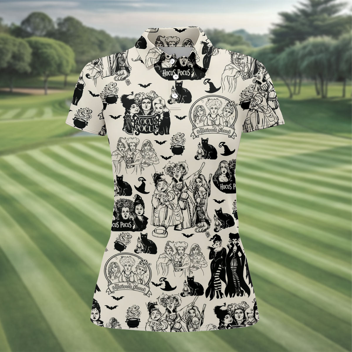 Witch Sisters Black Cat Halloween Polo Shirt, Golf Tops For Women, Women’s Golf Apparel