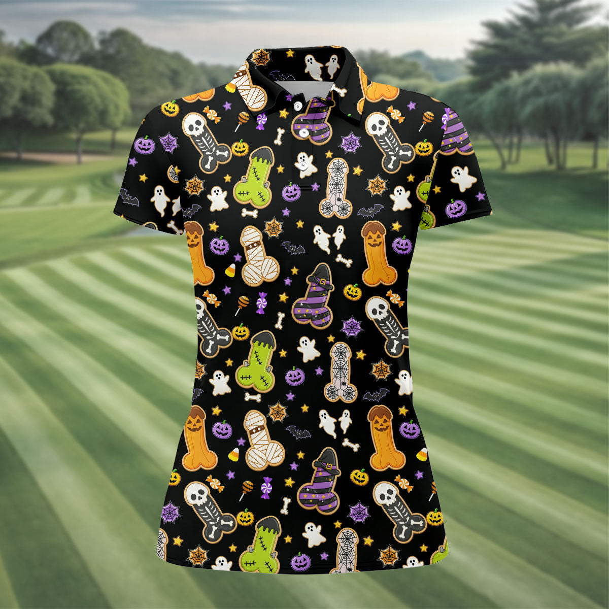 Funny Adult Halloween Cookie Pattern Polo Shirt, Ladies Golf Top, Printed Golf Shirt