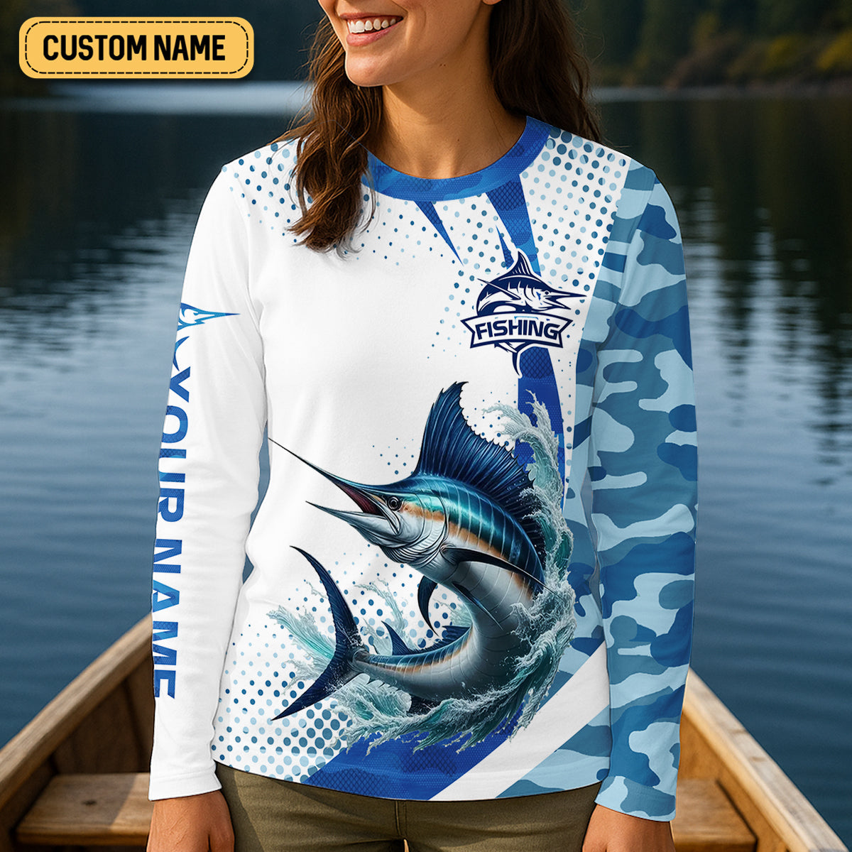 Fishing It's Not A Hobby It's A Lifestyle Blue Camo Fishing UPF Shirts, Blue Marlin Fishing Shirt For Women
