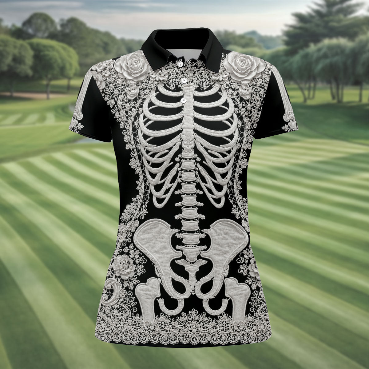 Floral Skeleton Halloween Golf Polo Shirt, Women’s Golf Polo, Golf Shirts For Women