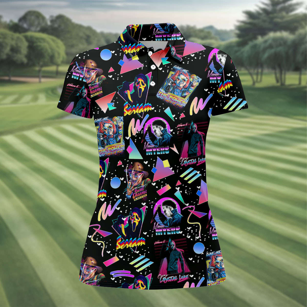 Retro Neon Horror Character Halloween Golf Shirt, Women's Golf Apparel, Printed Golf Shirt