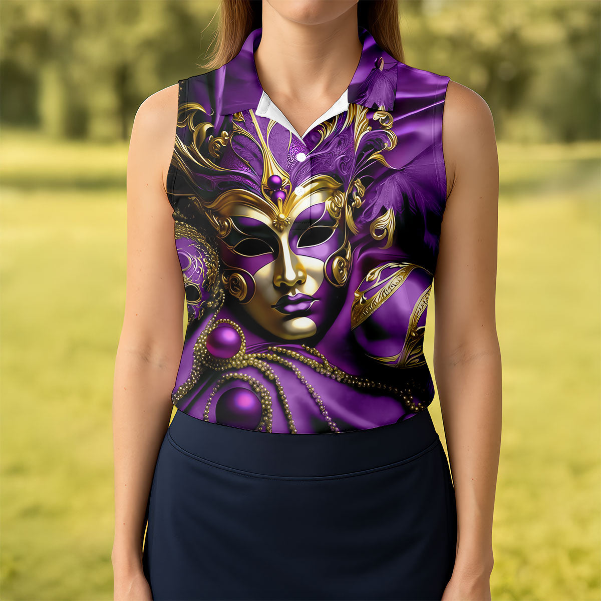 Mardi Gras Face Mask Purple Golf Shirt, Women's Golf Tops, Ladies Golf Polos, Women's Polo Shirt