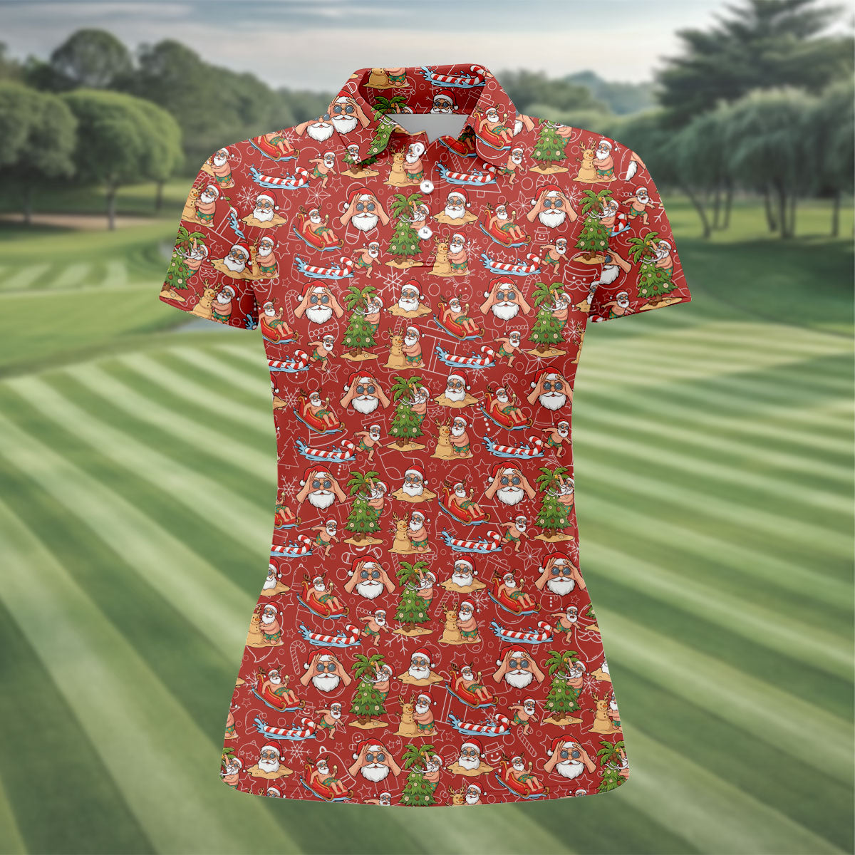 Tropical Santa Summer Christmas Pattern Polo Shirt, Womens Golf Polo, Christmas Shirt