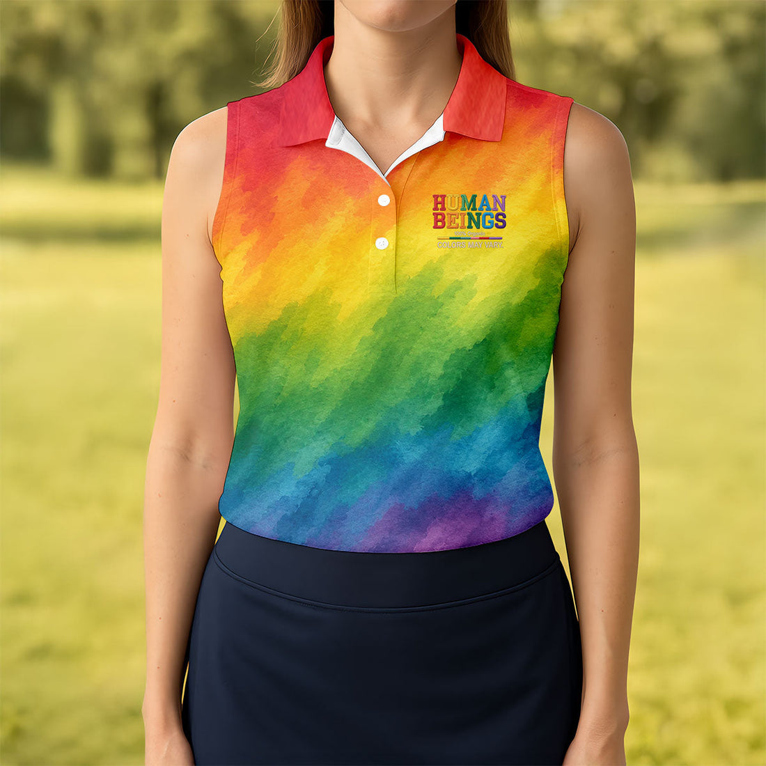 Human Beings LGBT Rainbow Women's Golf Tops, LGBT Pride Month Gradient Watercolor Ladies Golf Shirts
