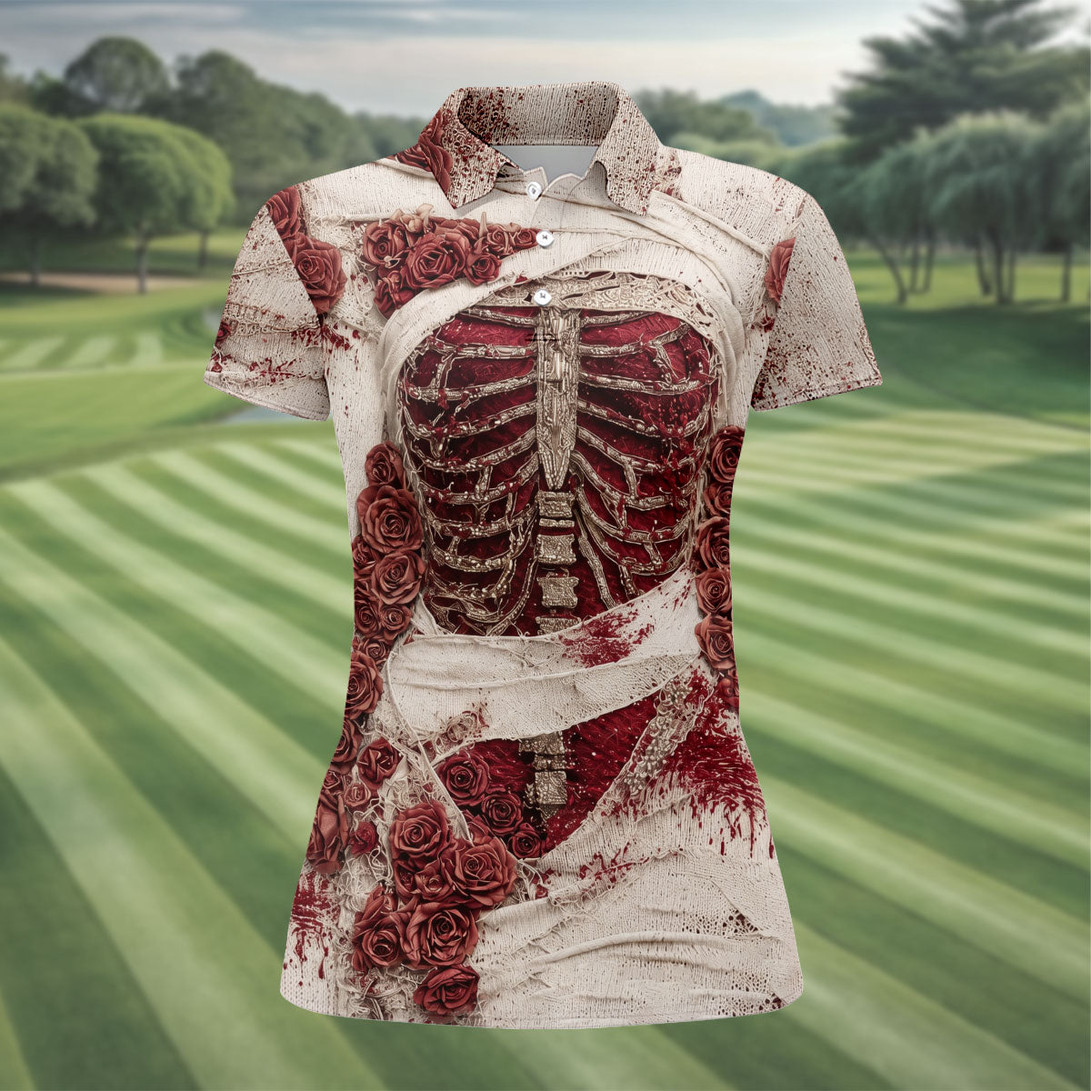Bloody Skeleton Rose Halloween Polo Shirt, Golf Tops For Women, Women’s Golf Apparel