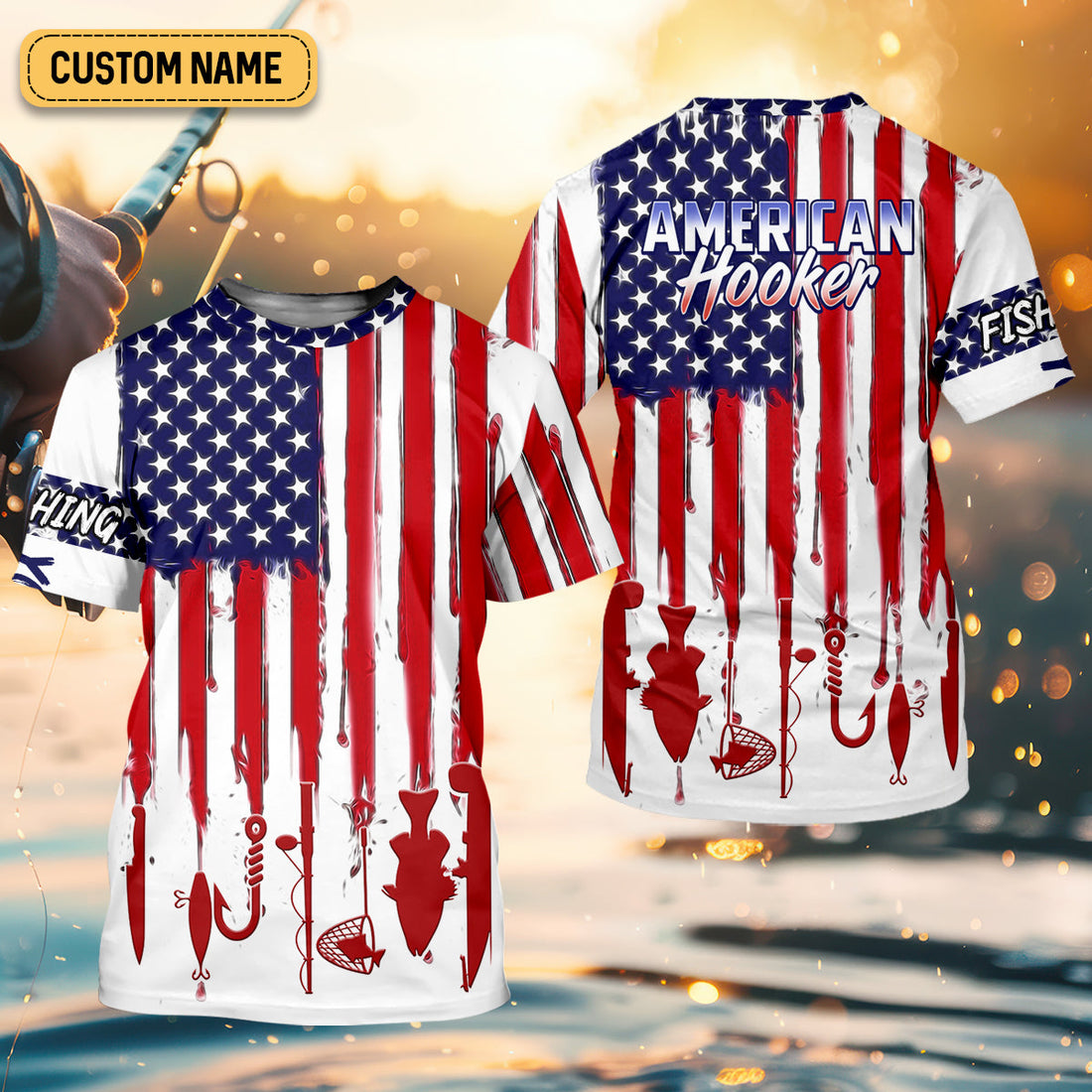 American Hooker Hooded UPF Shirt, American Flag Fish Shirt, Long Sleeve Fishing Shirts, Mens Casual Shirts