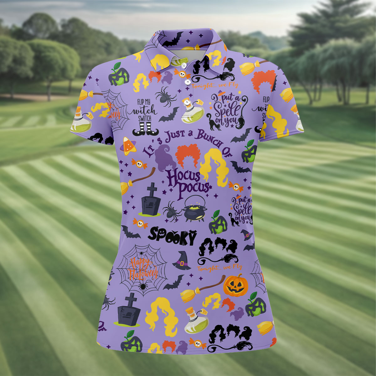Happy Halloween Witch Spell Pattern Polo Shirt, Women's Golf Polo, Hawaiian Golf Shirt