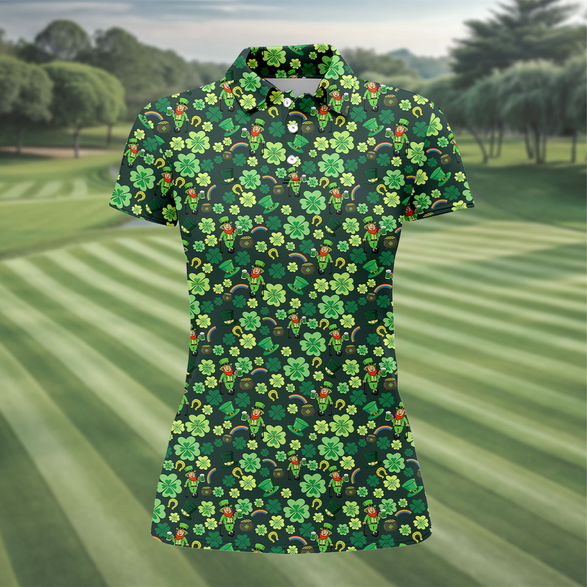 Shamrock St Patrick's Day Dark Green Golf Shirt, Women's Golf Tops, Ladies Golf Polos, Women's Polo Shirt