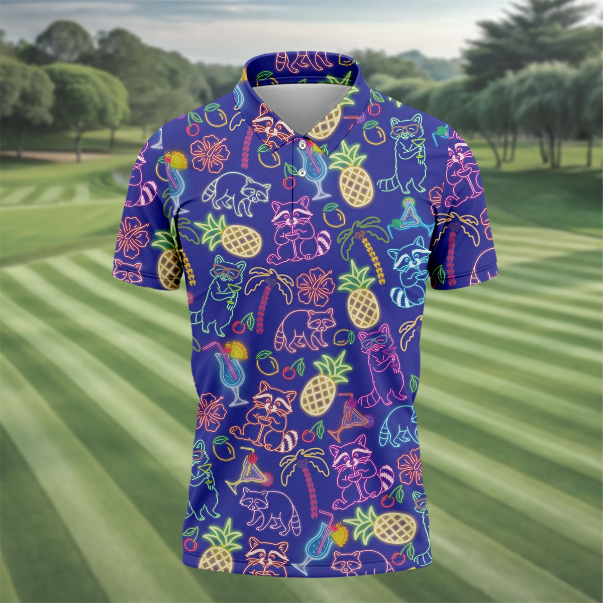 Neon Tropical Raccoon Cocktail Pattern Hawaiian Golf Shirt, Men's Golf Shirt, Polo Shirts For Men