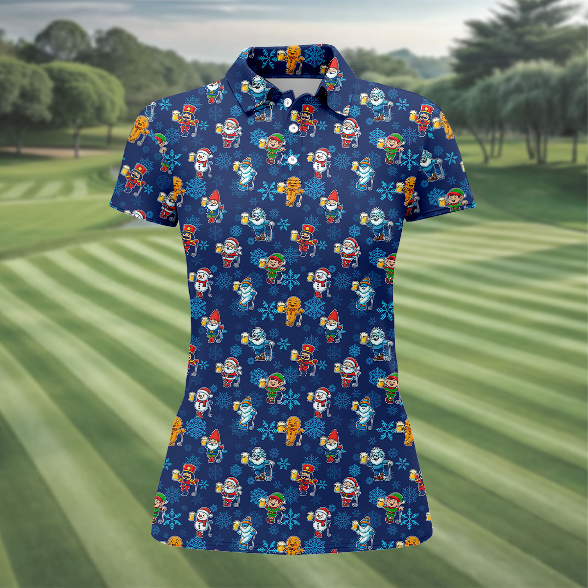 Christmas Characters Golf And Beer Navy Women's Funny Golf Shirts, Christmas Golf Shirt, Polo ShirtFor Women