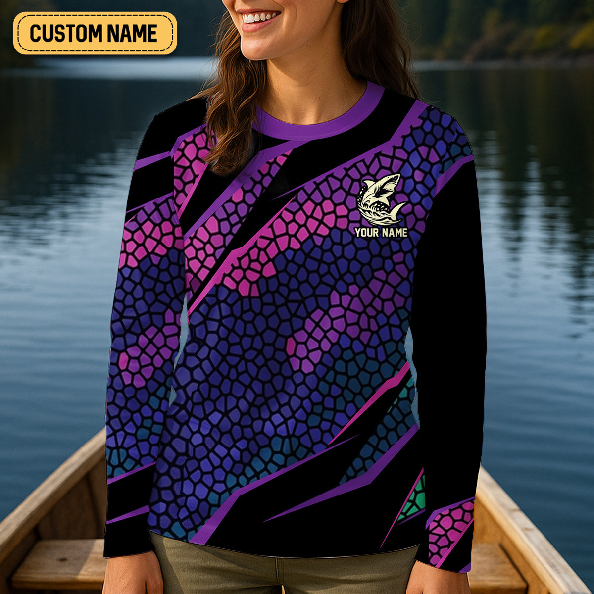 Shark Fishing SPF Shirt, The Lone Below Shark And Skull Purple Fishing Shirt, Female Fishing Shirts