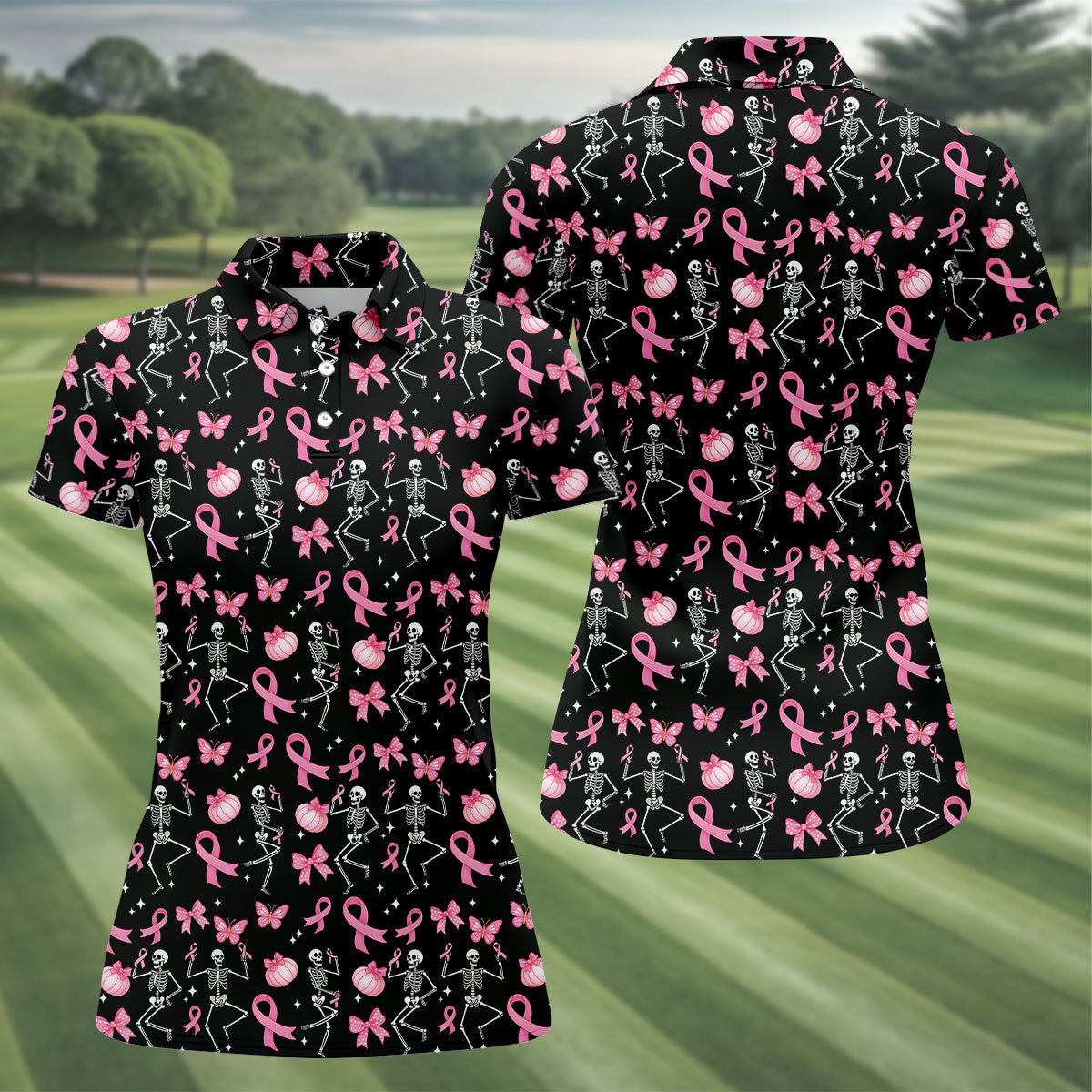 Funny Skeleton Breast Cancer Women's Golf Shirt, Breast Cancer Awareness Shirt, Golf Gift For Women, Ladies Golf Shirt