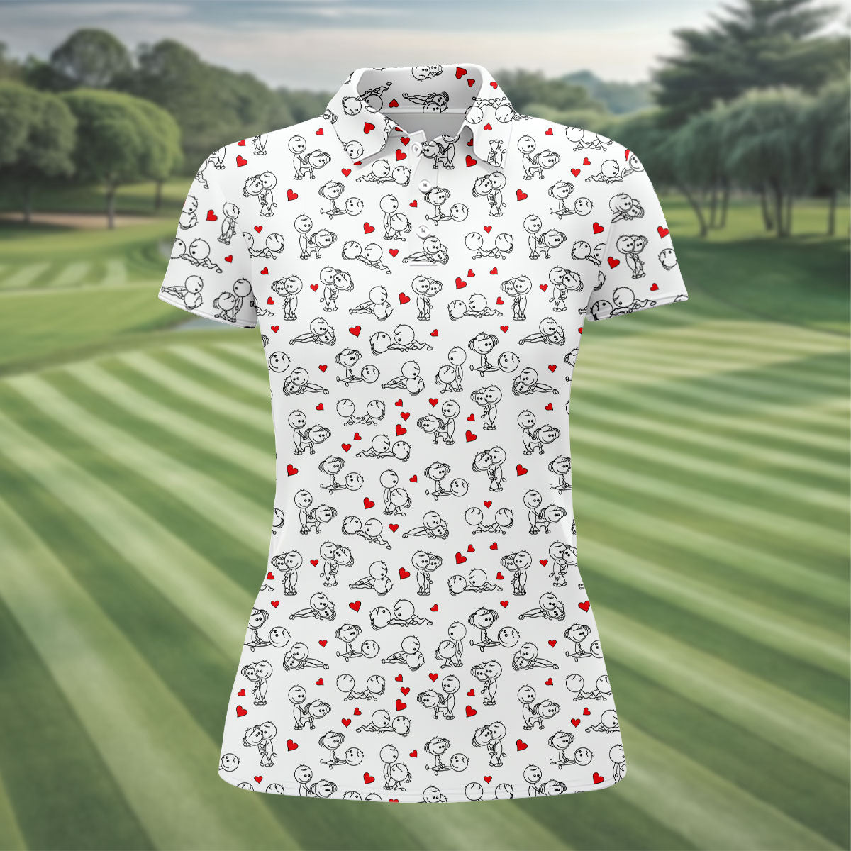 Naughty Position Stick Figure Couple White Golf Shirt, Golfer Valentines Gift, Fun Women's Golf Shirts, Ladies Golf Shirts
