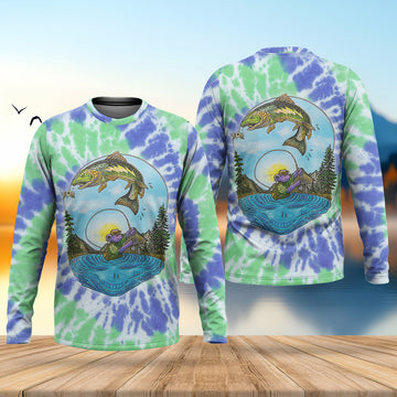 Bear Fishing Green And Purple Cool Tie Dye Patterns Fishing UPF Shirts, Fishing Gifts For Men, Men's Fishing Shirt