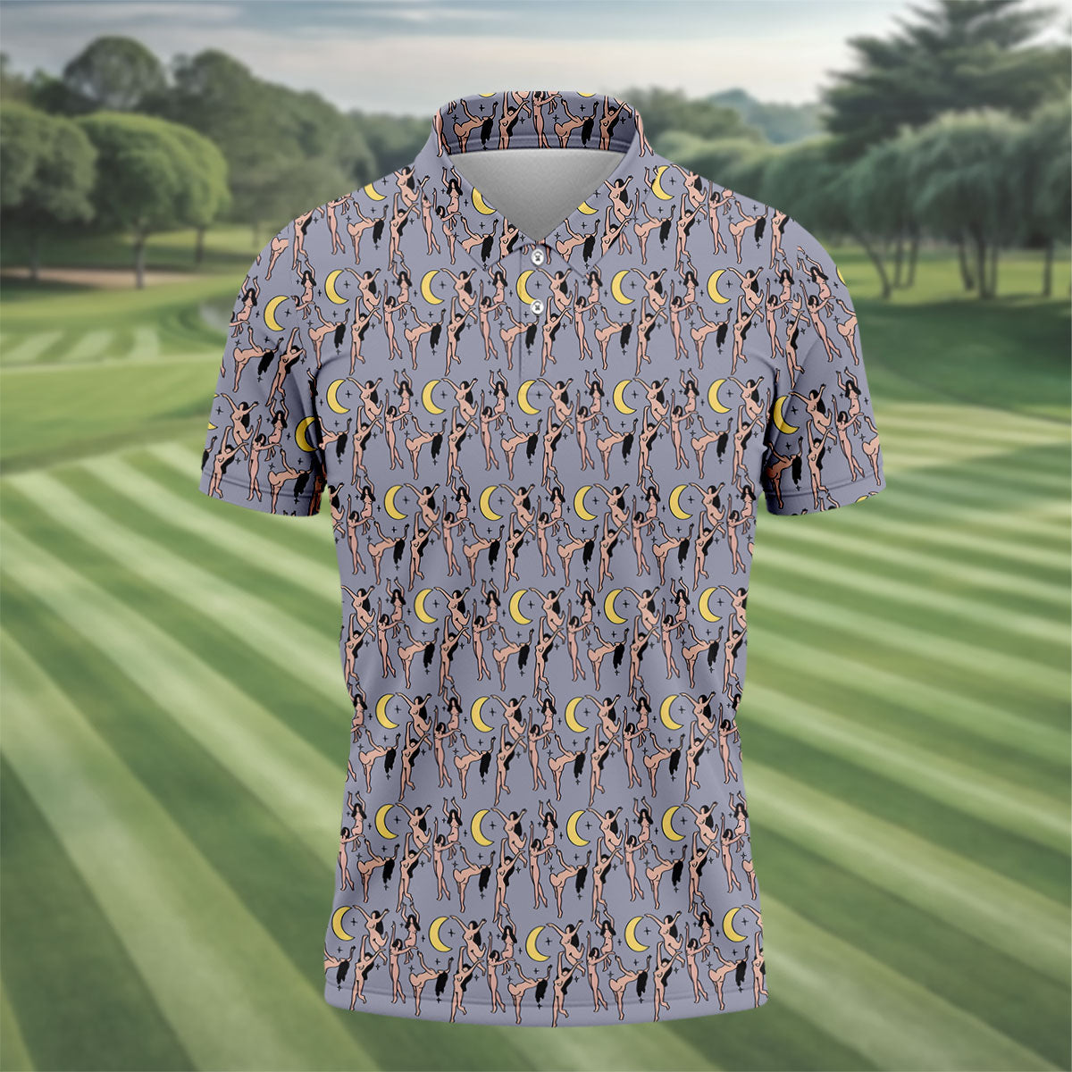 Dancing Figures Moon And Stars Pattern Polo Shirt, Mens Golf Shirts, Golf Apparel For Men