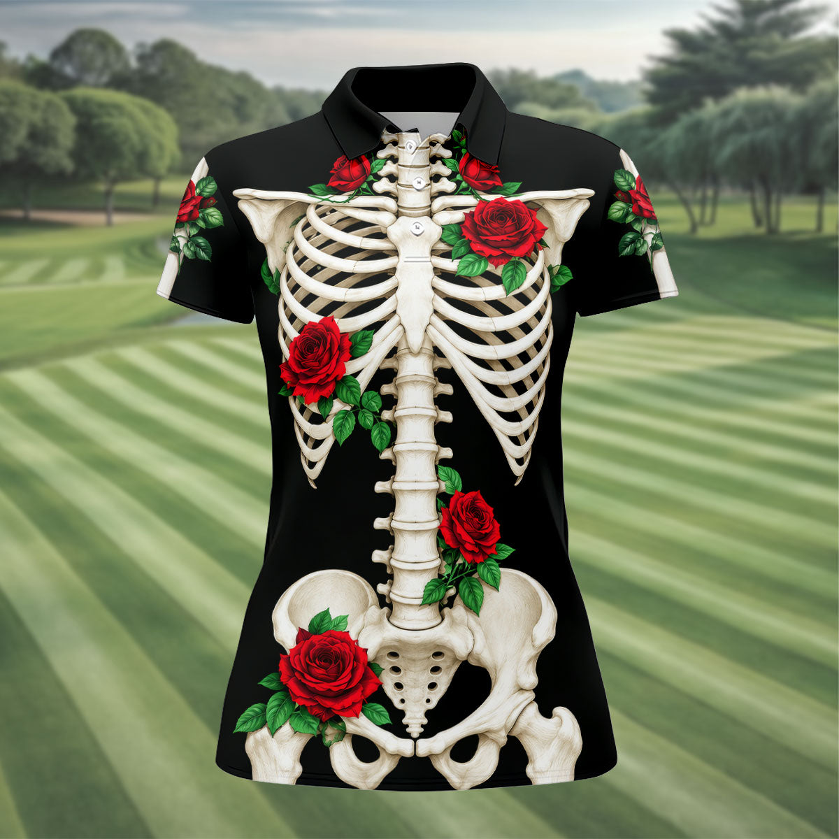 Skeleton Rib Cage And Red Roses Halloween Polo Shirt, Golf Tops For Women, Women’s Golf Polo