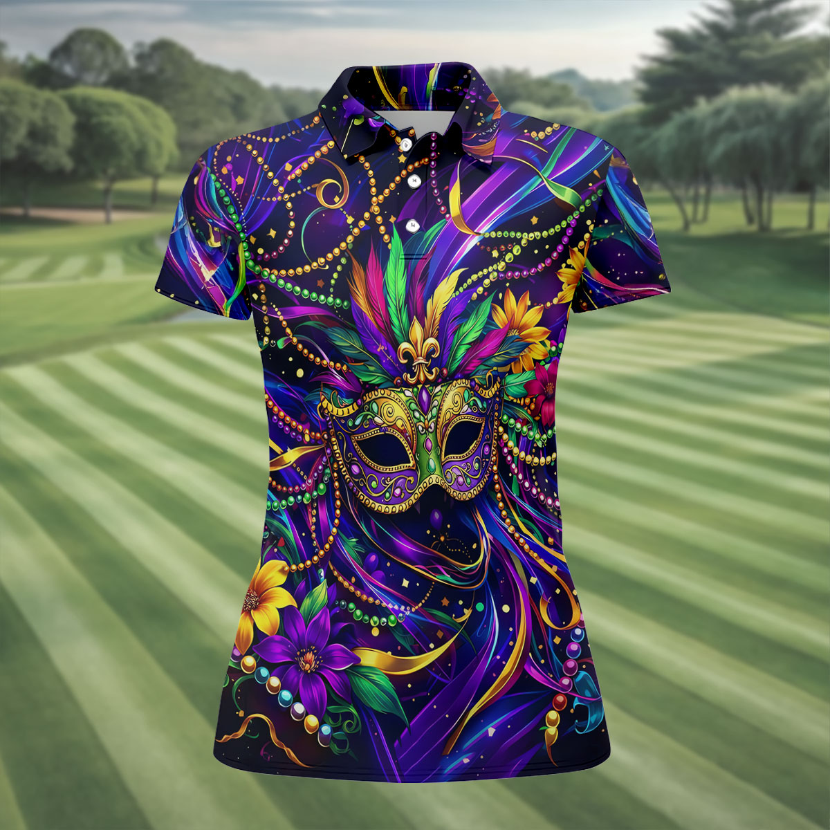 Mardi Gras Beads Ribbons Feather Masquerade Mask Print Golf Shirt, Polo Shirts Womens, Ladies Golf Shirt