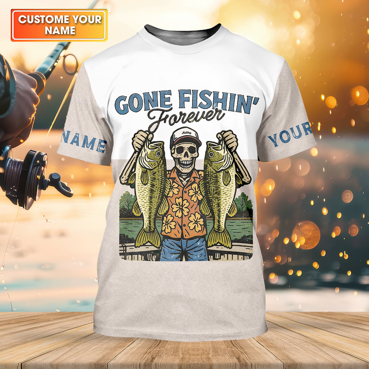 Gone Fishing Forever Funny Skeleton Largemouth Bass Fishing UPF Shirts, Fishing Shirts For Men