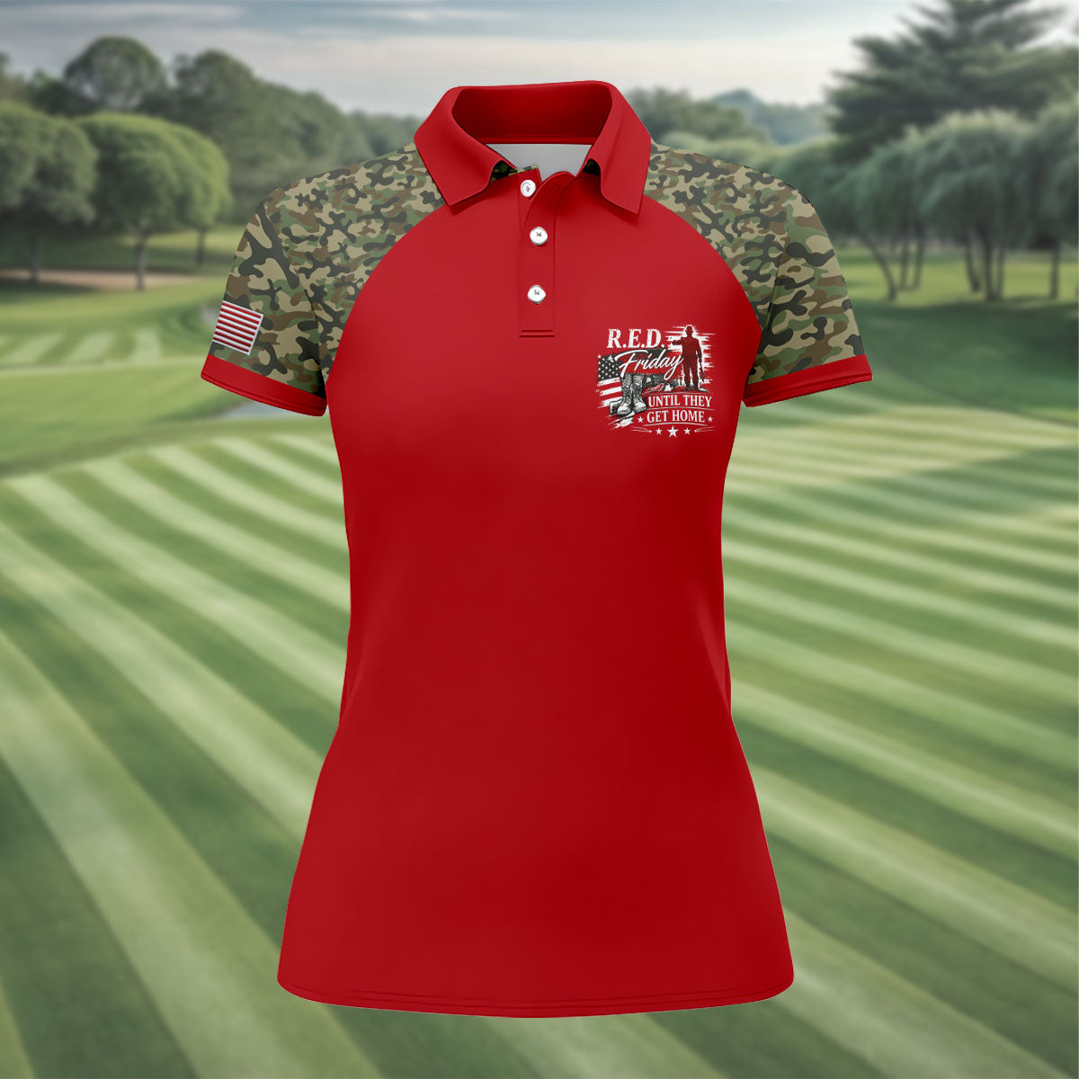 RED Friday Untill They Get Home Red Camo Golf Shirt, Veteran Memorial 250 Years Golf Shirt For Women
