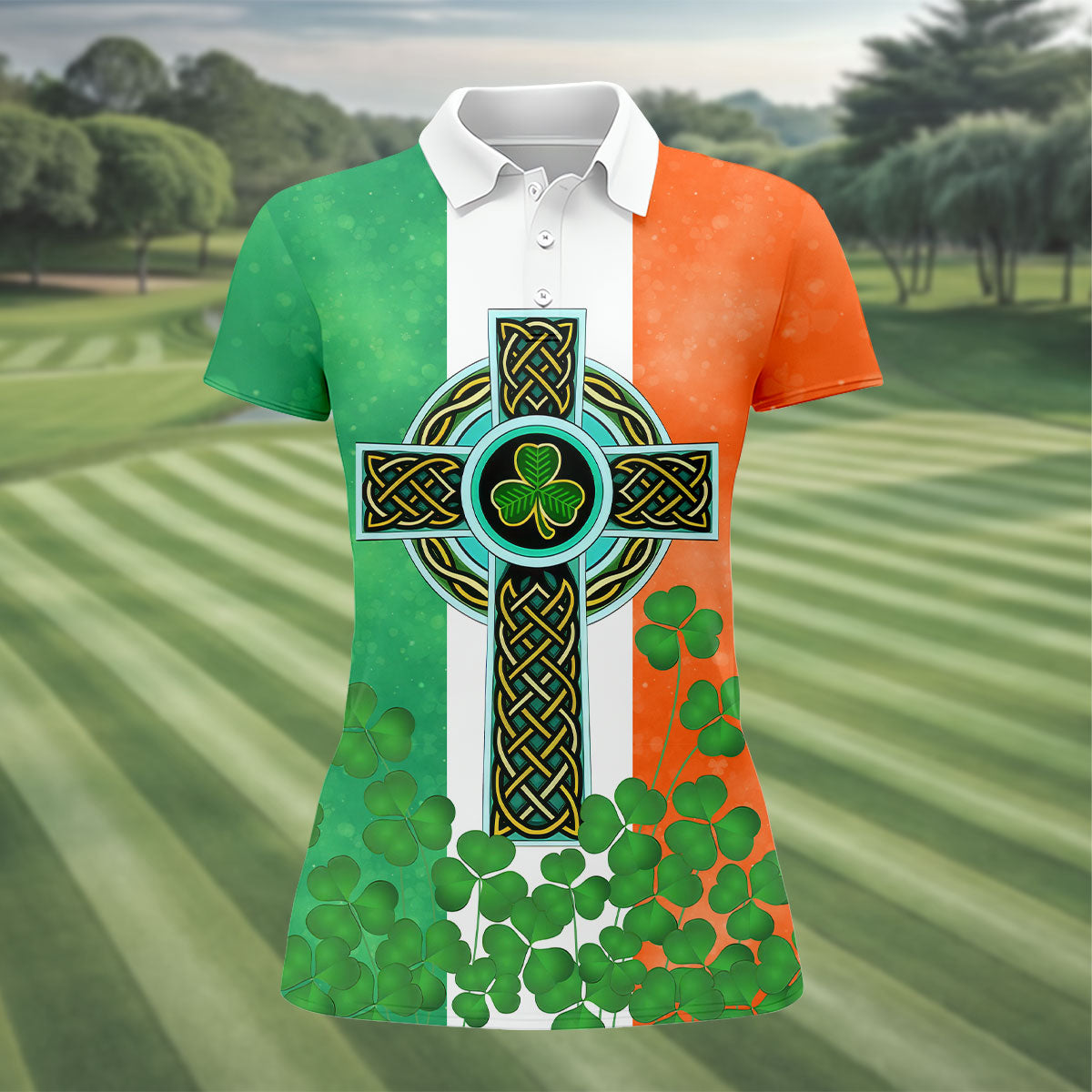 Celtic Cross Knotwork St Patrick's Day Shamrock Golf Shirt, Women's Golf Tops, Ladies Golf Shirts