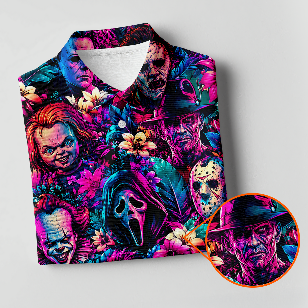 Neon Floral Horror Character Halloween Golf Shirt, Golf Shirts For Men, Mens Golf Apparel