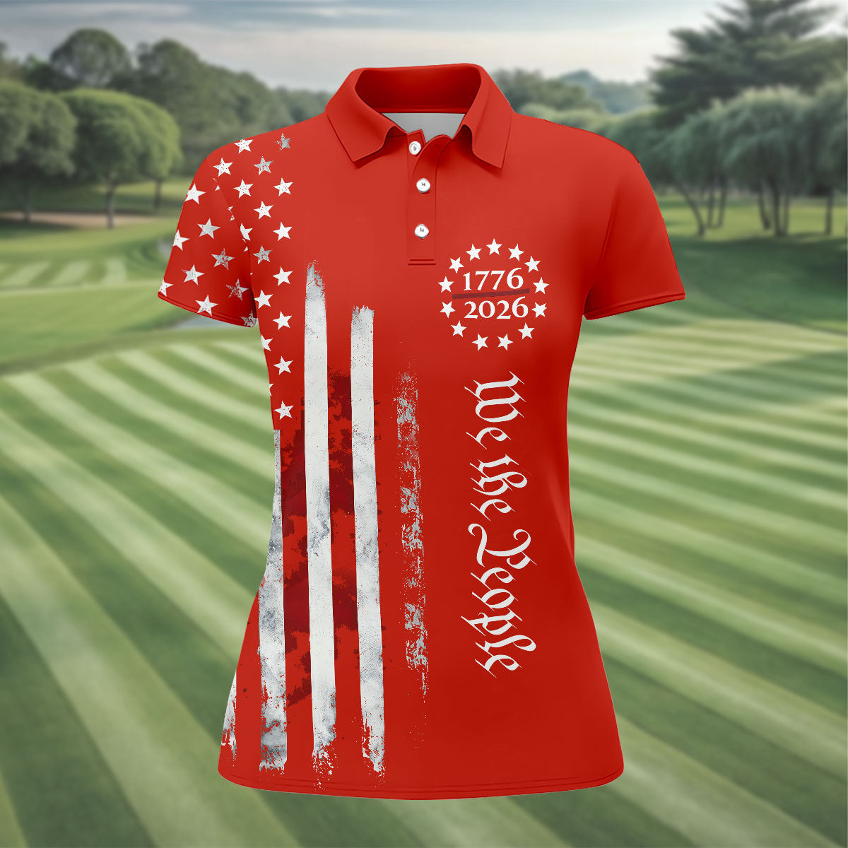 We The People Distressed Flag Patriotic Red Golf Shirt, 250 Years 4th Of July Golf Shirt For Women