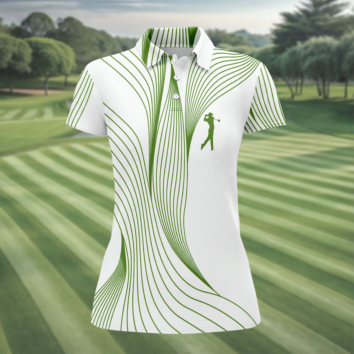 Geometric Line Wavy Line Green And White Women's Golf Tops, Ladies Golf Shirts, Women's Polo Shirt