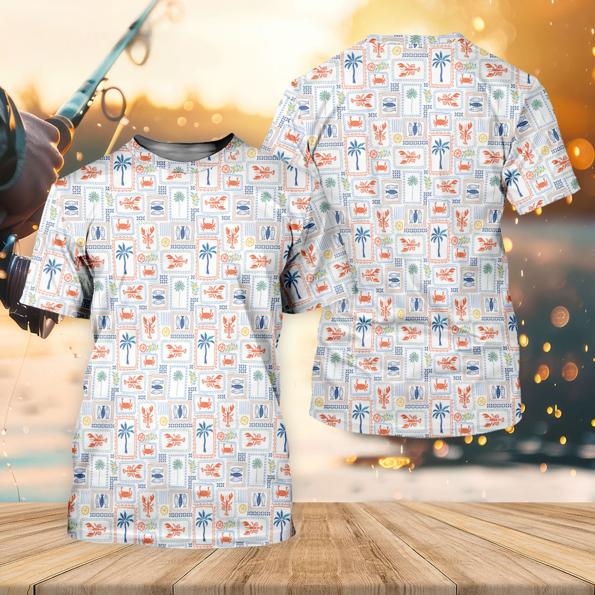 Seafood Patchwork Pattern Tropical Theme Fishing UPF Shirts, Fishing Shirt For Women