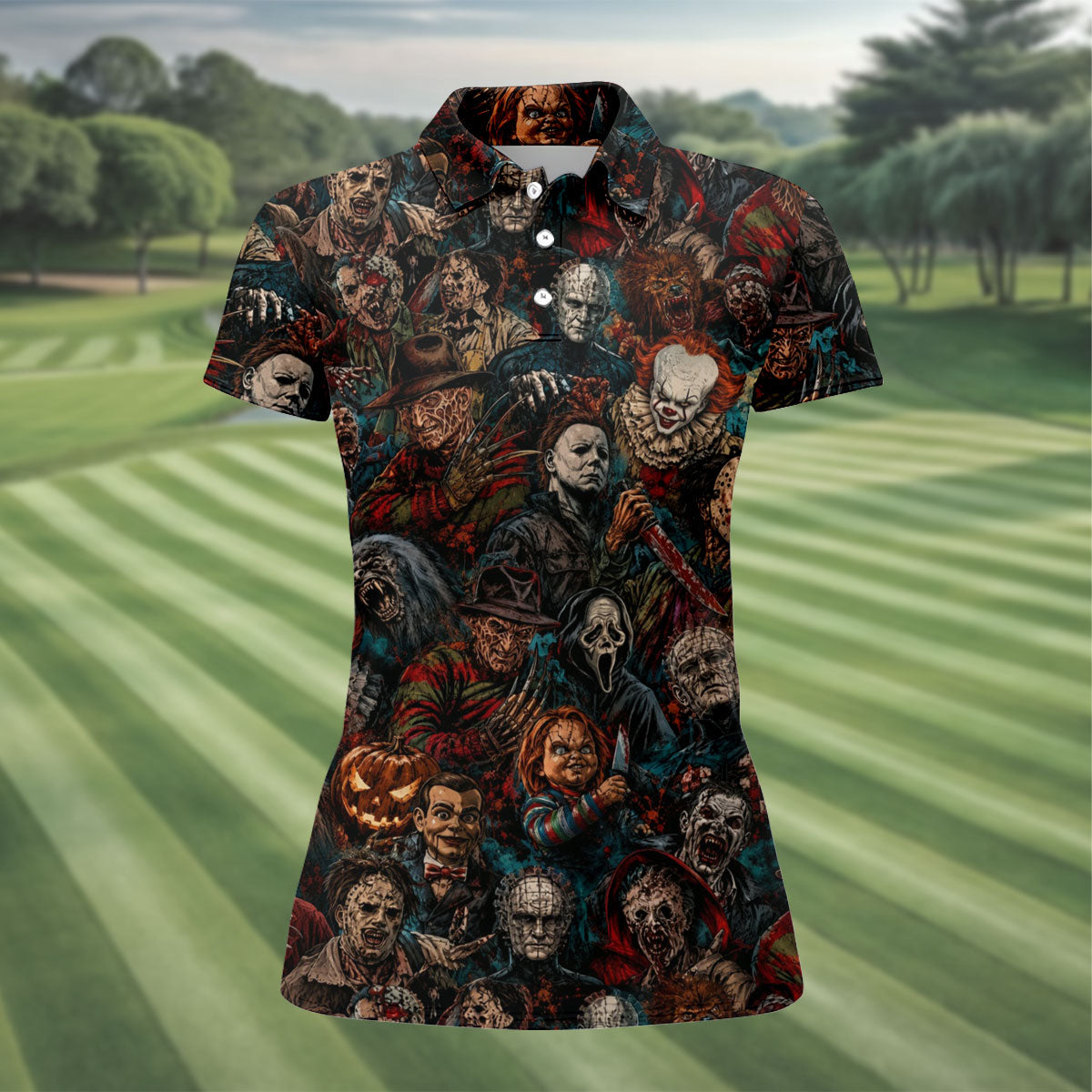 Dark Horror Character Collage Halloween Polo Shirt, Women’s Golf Polo, Ladies Golf Top