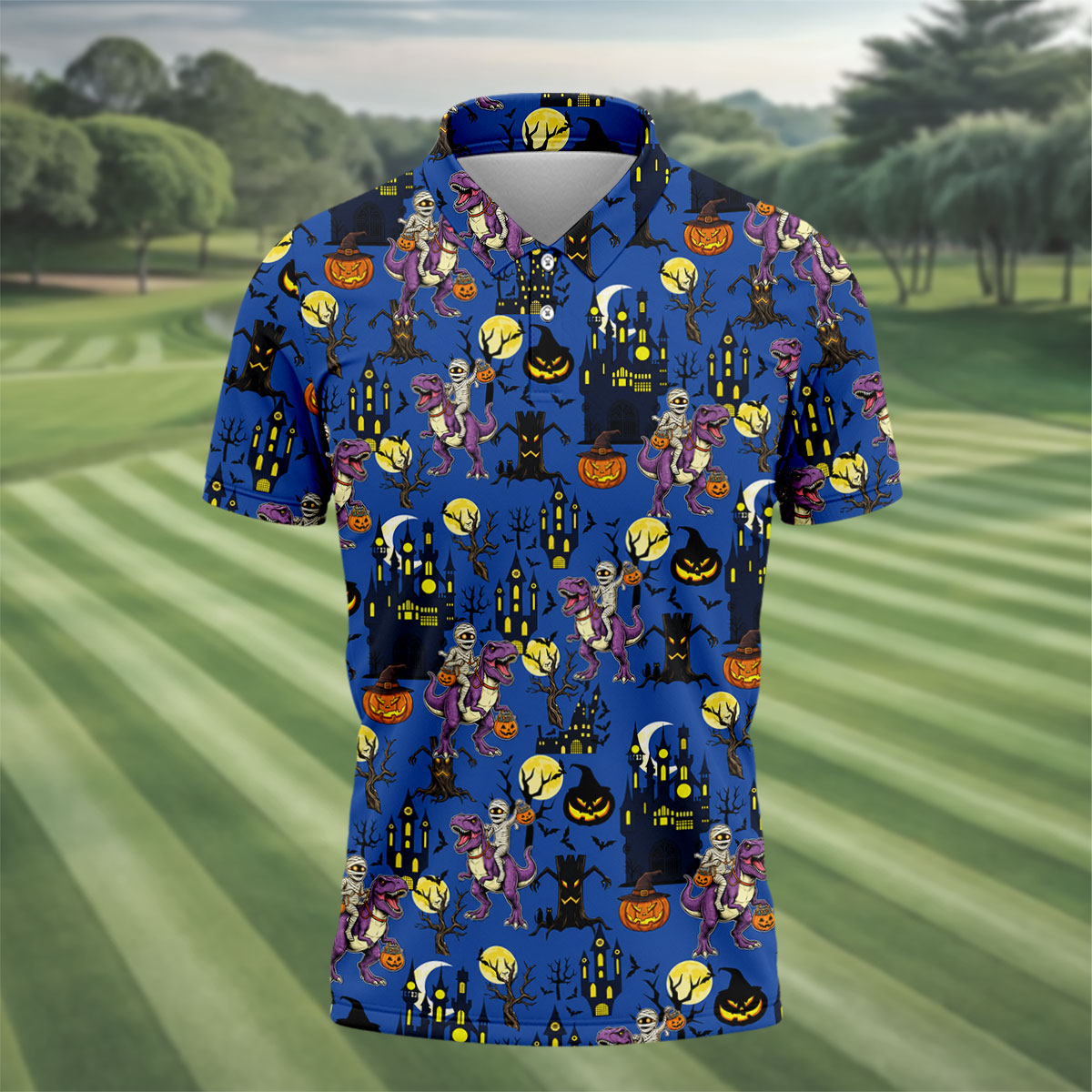 Dinosaur Mummy Pumpkin Halloween Polo Shirt, Mens Golf Shirts, Golf Polo Shirts For Men