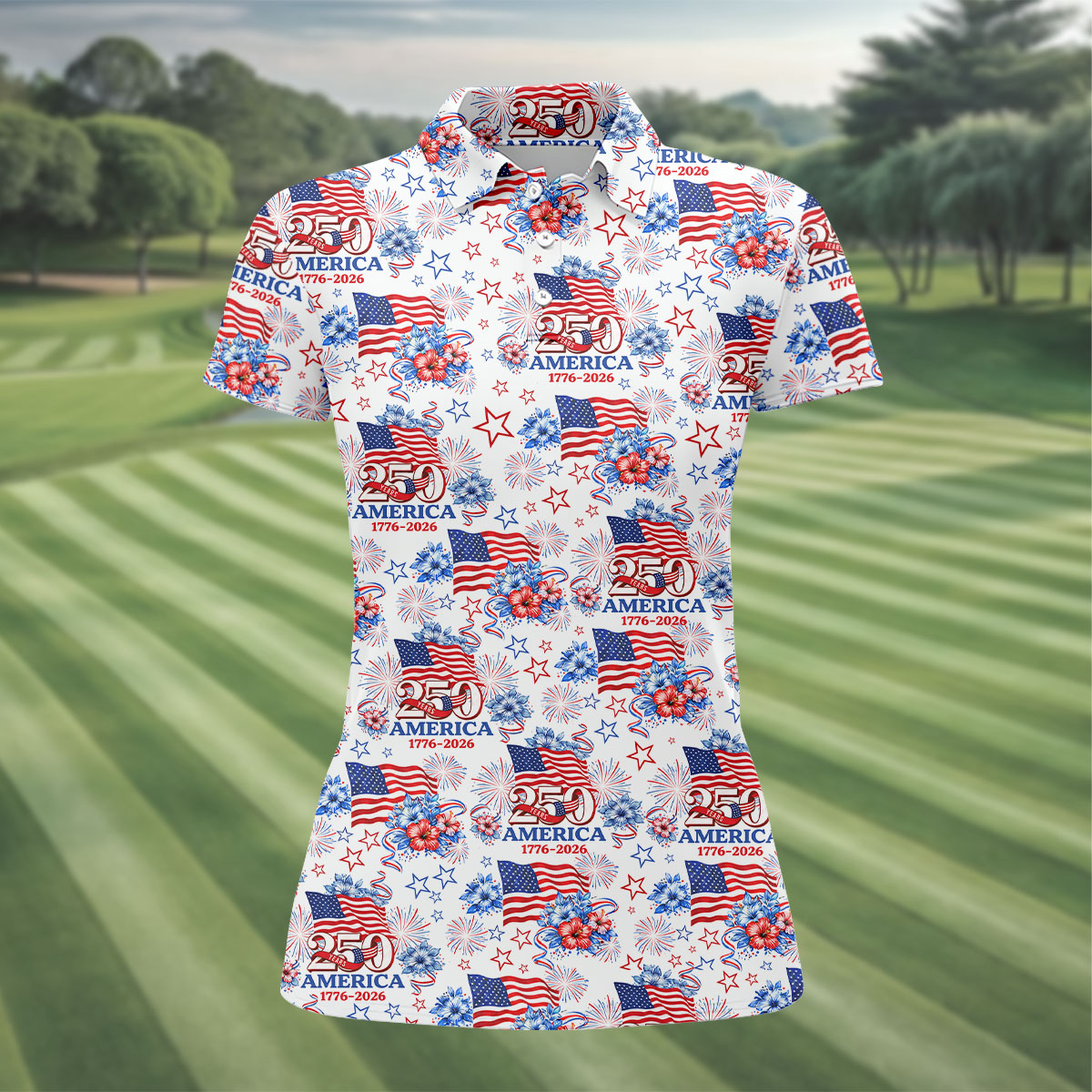 250 Years America 1776-2026 Hibiscus Tropical Flowers 4th Of July Golf Shirt, Golf Shirt For Women