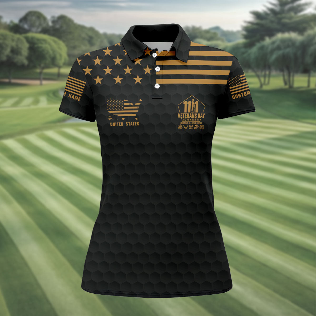 Custom Name Gold Star Veterans Day Polo Shirt, Womens Golf Polo, Golf Tops For Women