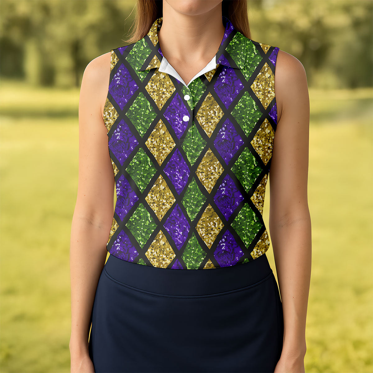 Green Purple Gold Argyle Pattern Sparkling Effect Mardi Gras Golf Shirt, Women's Golf Tops, Ladies Golf Shirts
