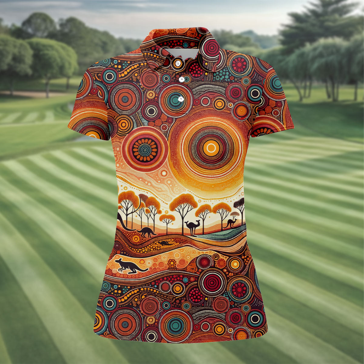 Australian Aboriginal Colourful Art Women's Golf Tops, Australia Kangaroo Ladies Golf Shirts