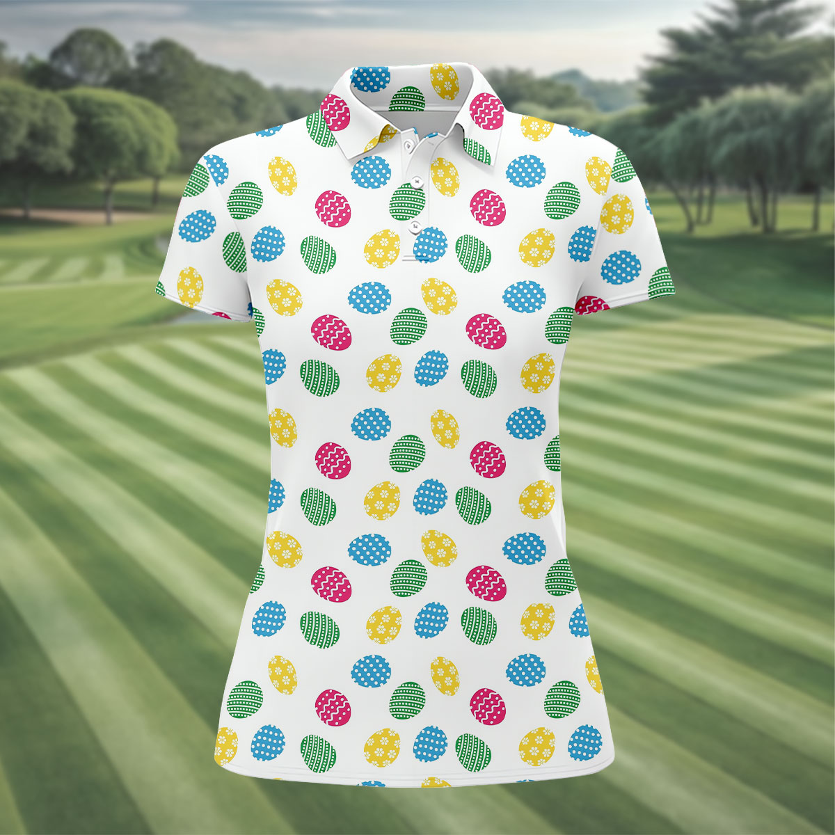 Colorful Easter Eggs White Golf Shirt, Cute Golf Outfit, Ladies Golf Shirts, Women's Polo Shirt