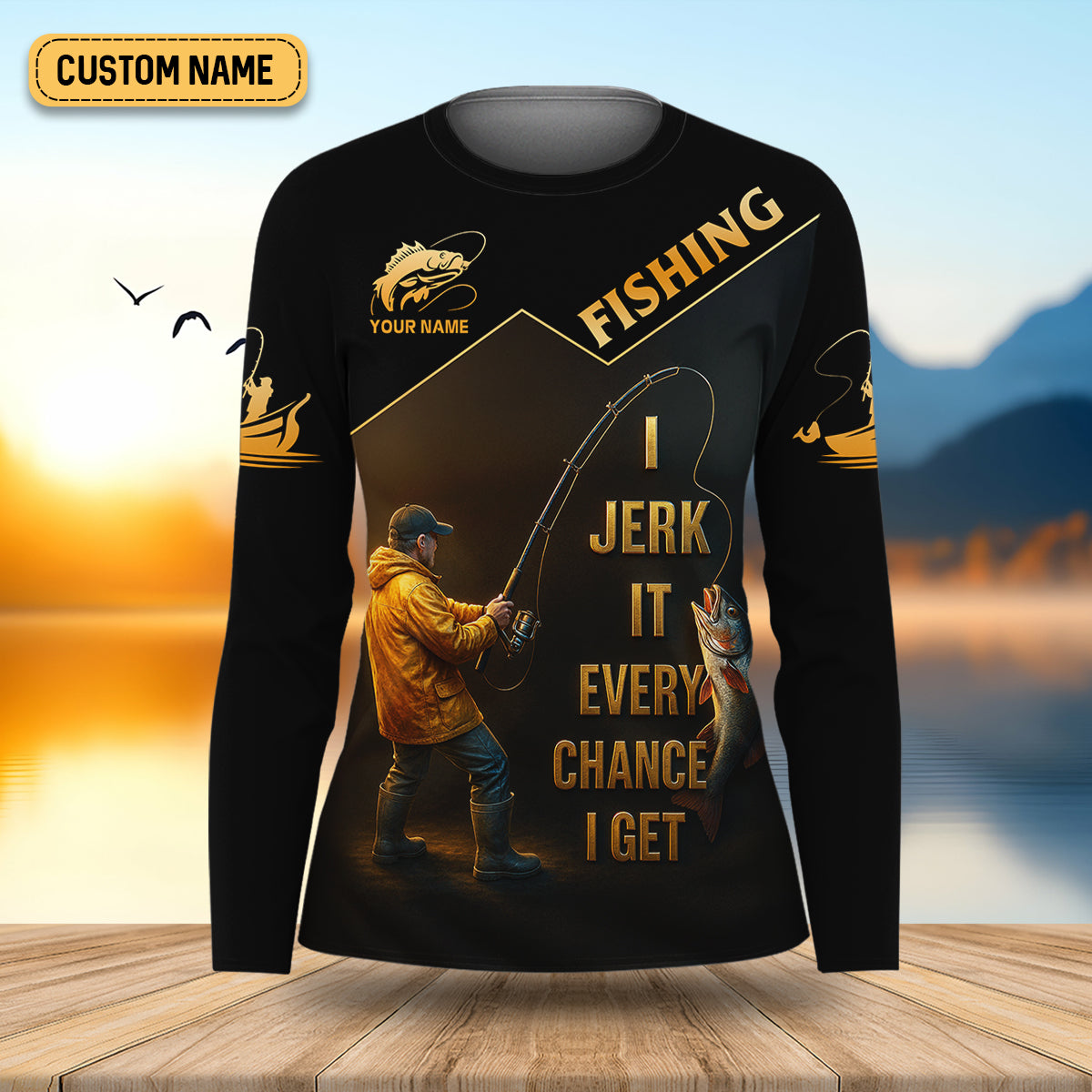Funny Fishing T-Shirt I Jerk It Every Chance I Get Custom Name UPF Shirts, Women Fishing Shirt