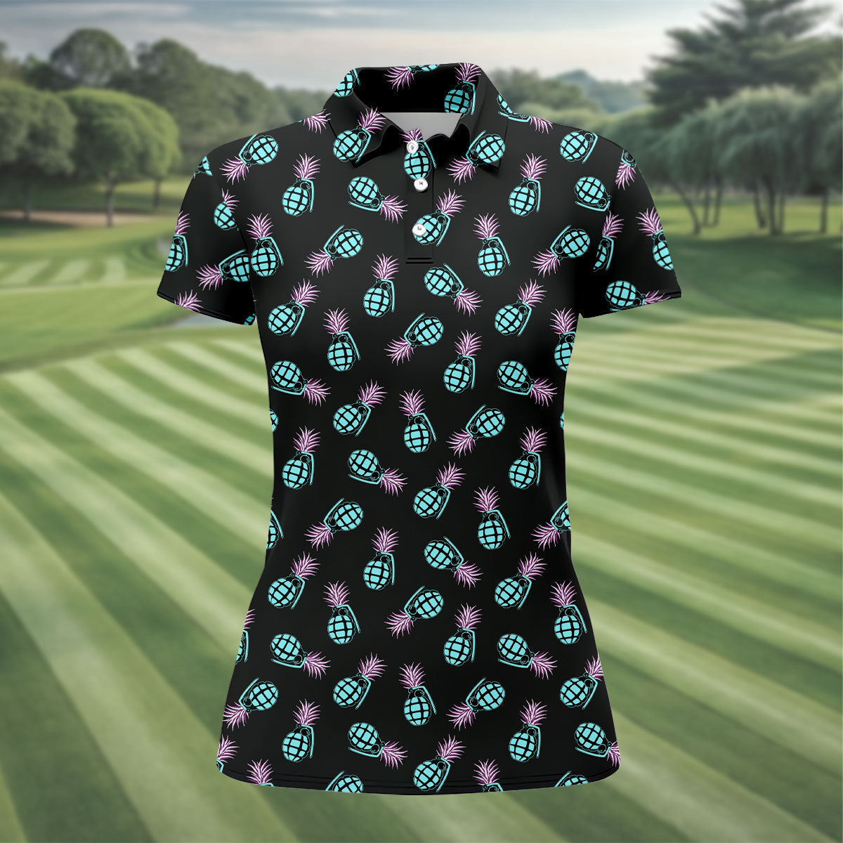 Grenade Pineapple Tropical Golf Shirt, Fun Women's Golf Shirts, Ladies Golf Shirts, Golfing Apparel