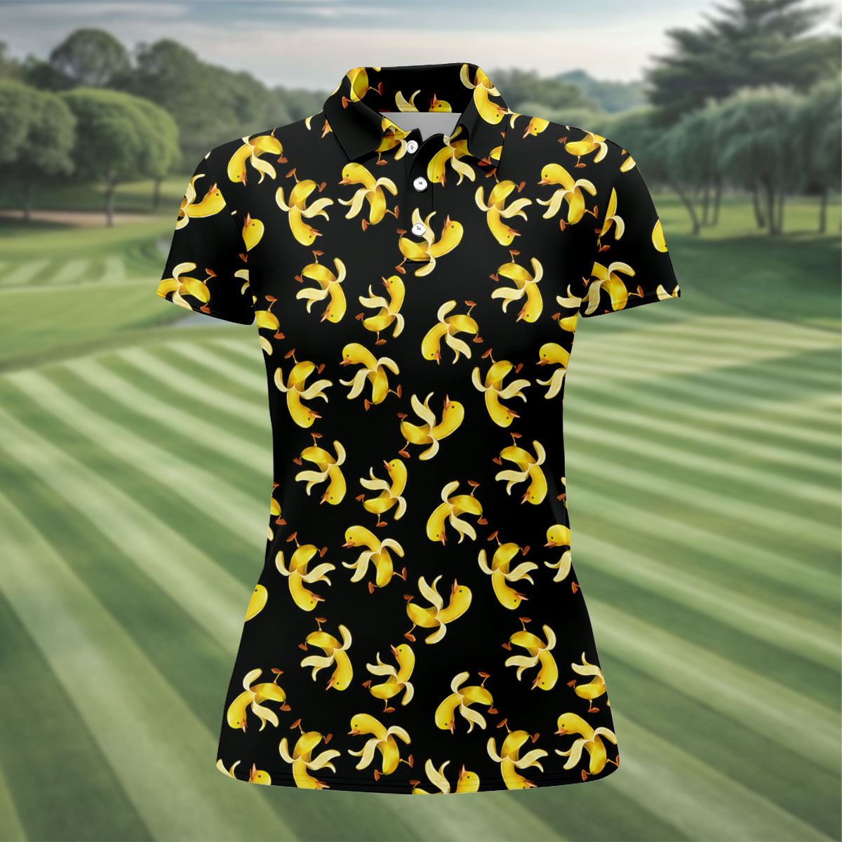 Banana Duck Hawaiian Golf Shirt, Fun Women's Golf Shirts, Ladies Golf Polos