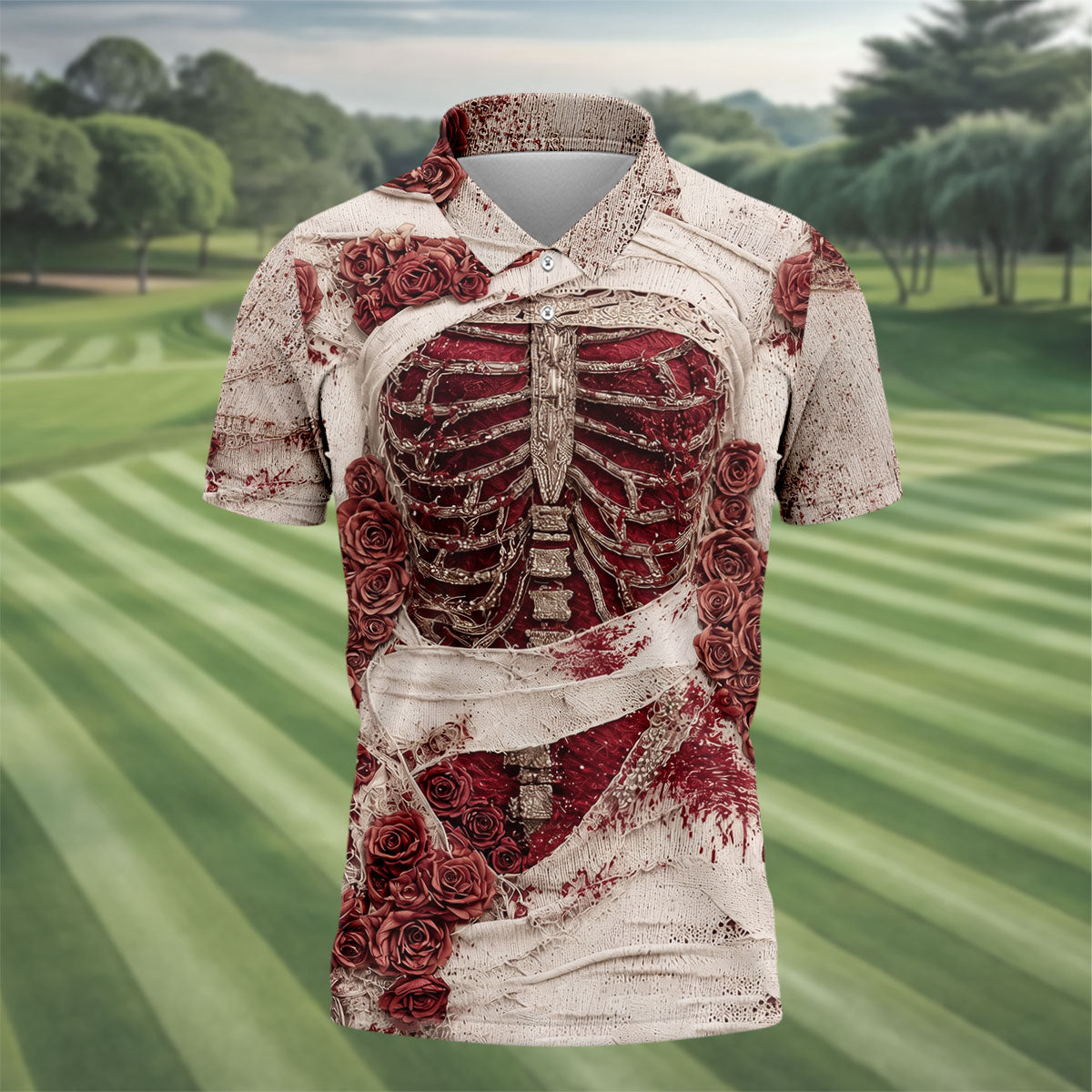 Bloody Skeleton Rose Halloween Polo Shirt, Polo Shirts For Men, Mens Golf Apparel