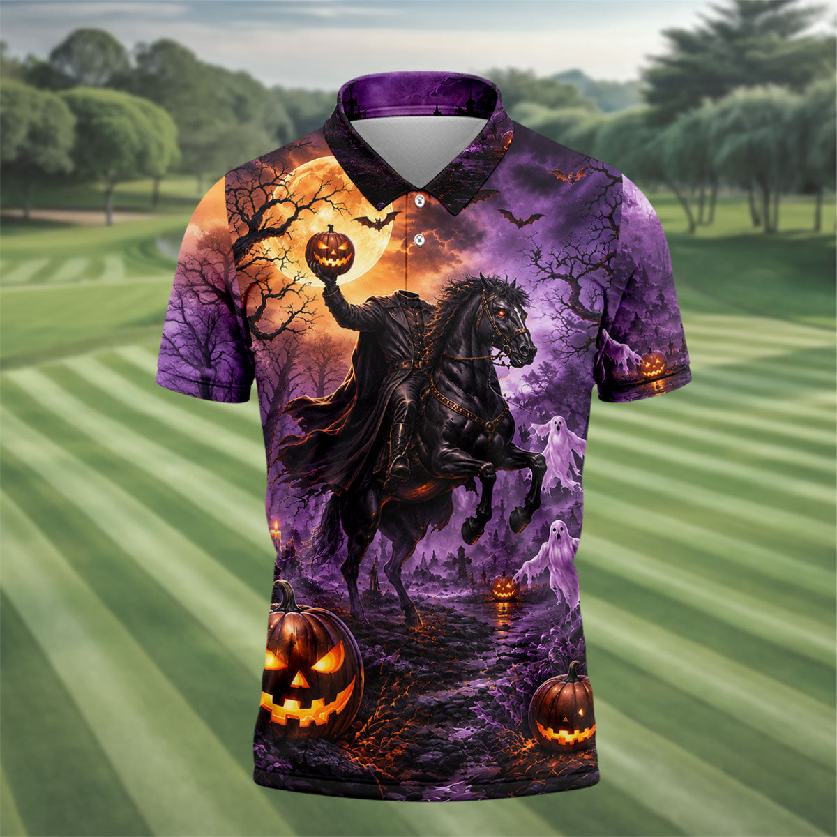 Halloween Headless Rider Horror Character Polo Shirt, Polo Shirts For Men, Mens Golf Polo