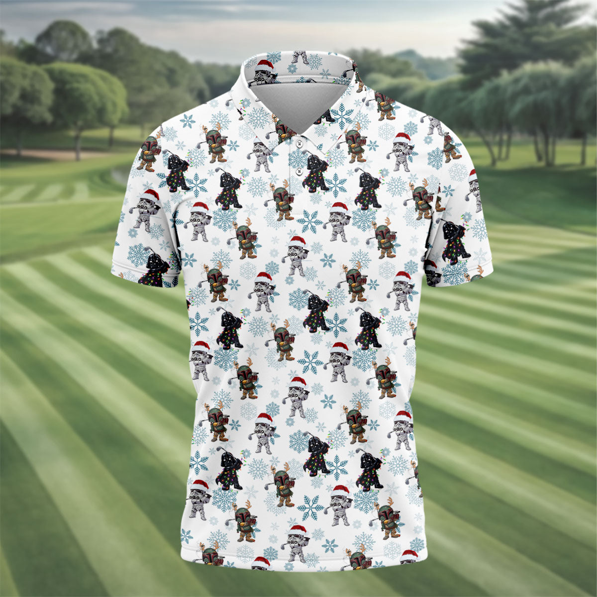 Christmas Space Characters Pattern Polo Shirt, Mens Golf Shirts, Golf Polo Shirts For Men