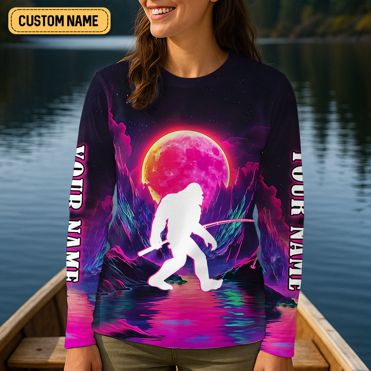 Gone Fishing With Sasquatch Fishing UPF Shirts, Funny Fishing Shirt, Bigfoot Fishing Shirt For Women