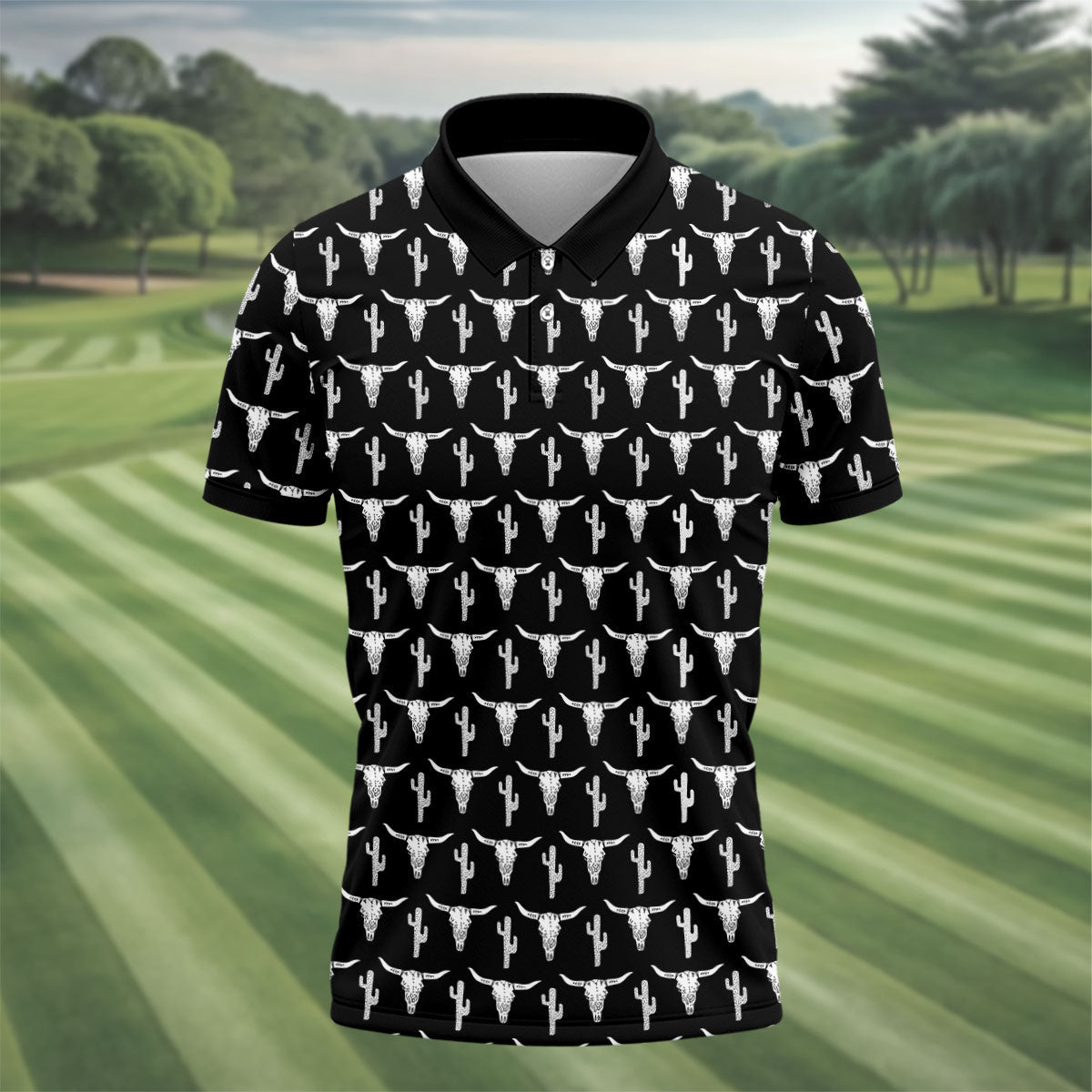 Longhorn Cow Skull Western Theme Black Golf Tops For Men, Polo ShirtFor Men, Golf Shirts For Men