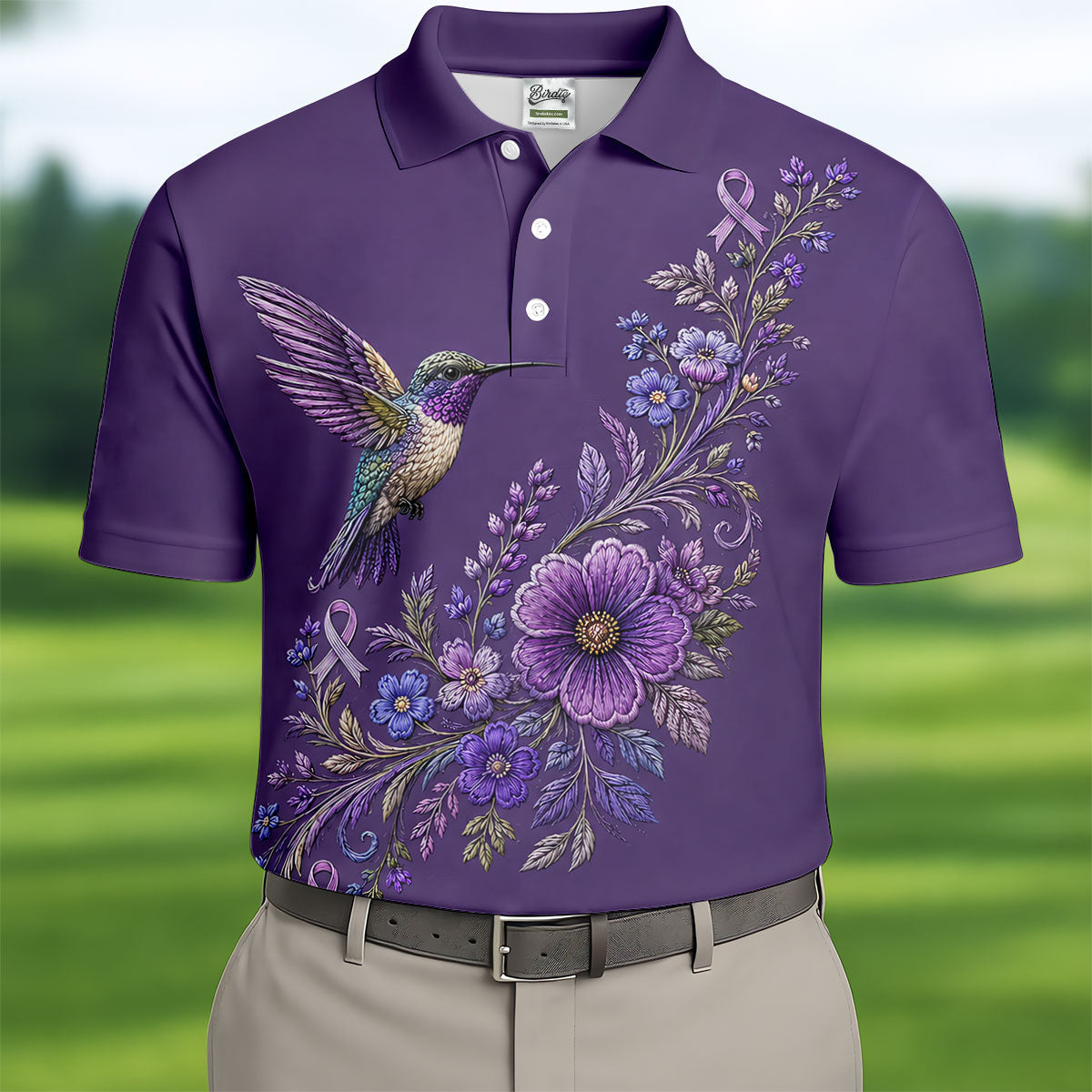 Cancer Awareness Purple Ribbon Floral Polo Shirt, Mens Golf Polo, Golf Shirts For Men