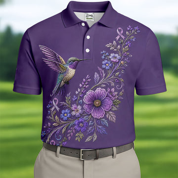 Cancer Awareness Purple Ribbon Floral Polo Shirt, Mens Golf Polo, Golf Shirts For Men